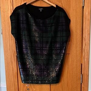 Lauren Ralph Lauren Black and Green Plaid Sequin Blouse